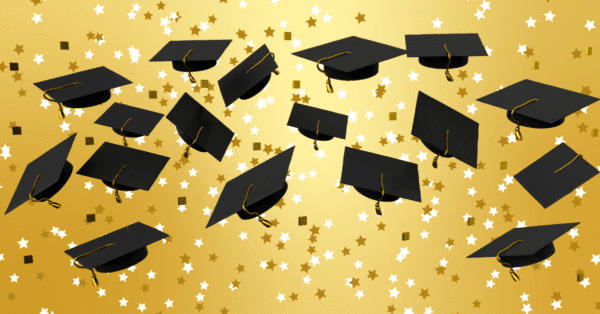 graduation caps being thrown against a background of gold and confetti to celebrate the seniors of the class of 2025