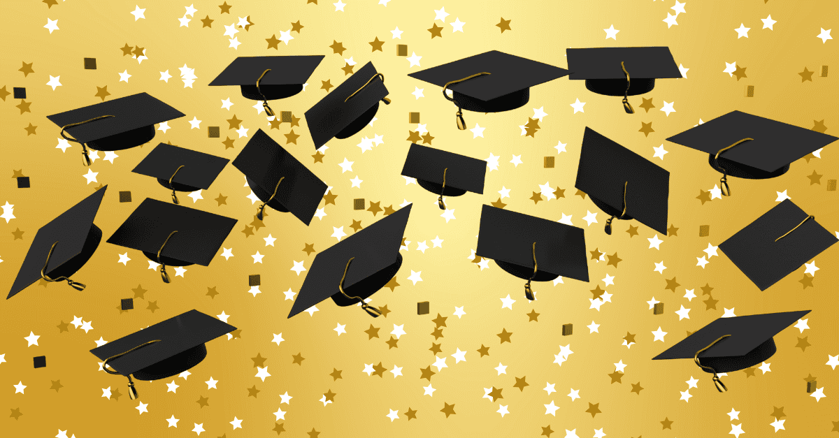 graduation caps being thrown against a background of gold and confetti to celebrate the seniors of the class of 2025