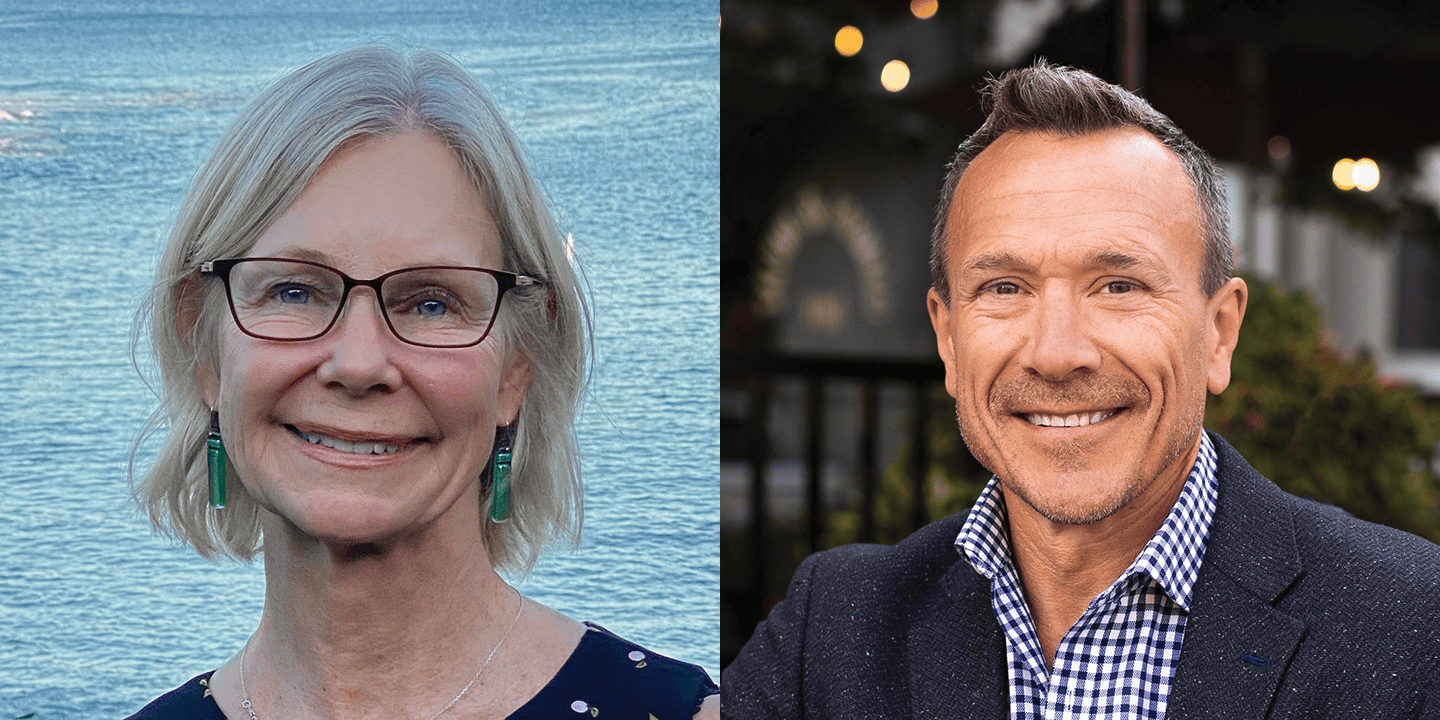 Headshot of Susan Labrie smiling in front of an ocean background, wearing glasses, and Jason Goodrich in a shirt and jacket smiling.