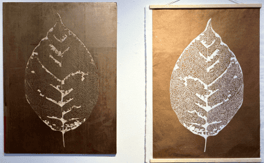 Wood relief and paired print of a leaf by Kristy Cavaretta