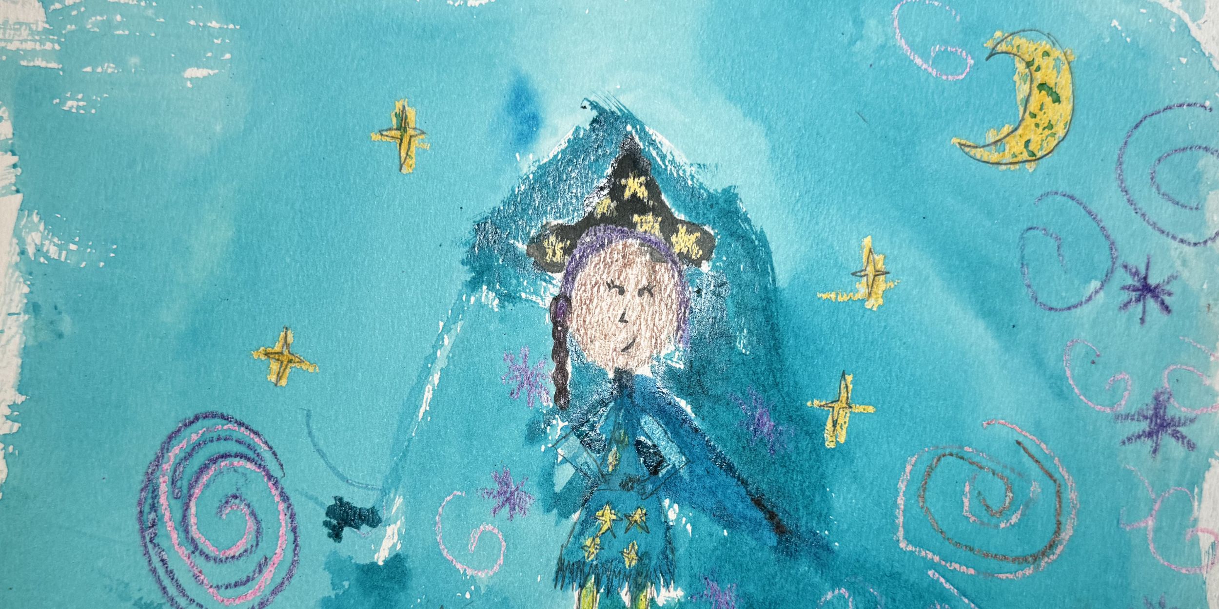 A youth art piece of a character in space, likely a witch, with stars and a moon