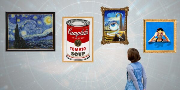 Girl in a museum looks at a wall of art from significant art eras, with faint swirling lines implying time traveling