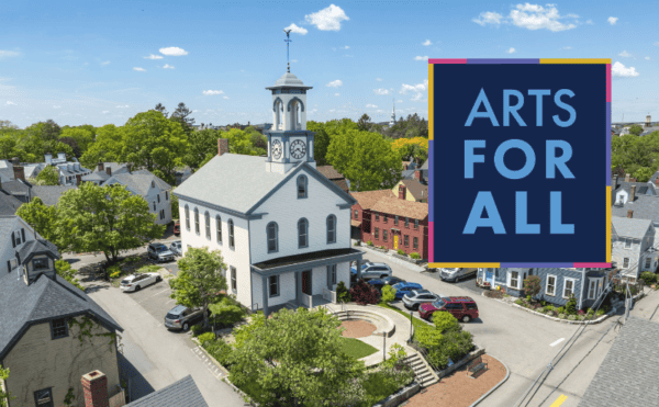 Arts for All logo on top of a rendering of the South Meeting House restored