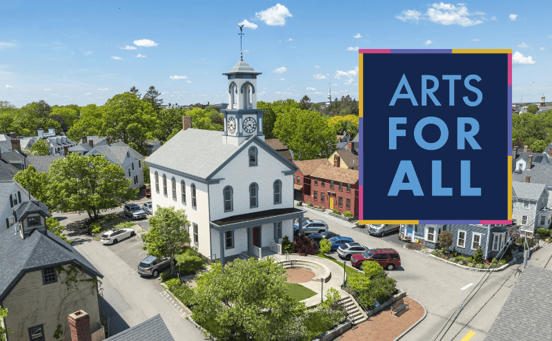 Arts for All logo on top of a rendering of the South Meeting House restored
